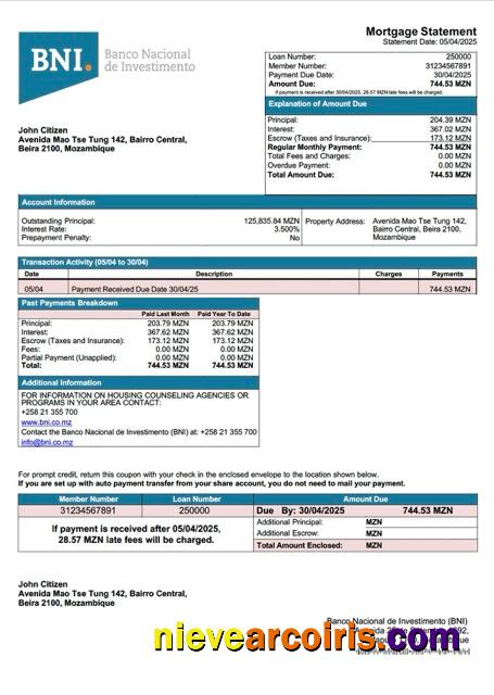 Mozambique Banco Nacional de Investimento (BNI) mortgage statement Word and PDF template